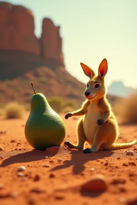 A kangaroo and an avocado playing together on a dusty outback plain, the kangaroo’s fur glowing golden in the sunlight, and the avocado’s smooth green skin glistening as it rolls in the dirt, red cliffs in the distance, bright daylight, cinematic lighting,...