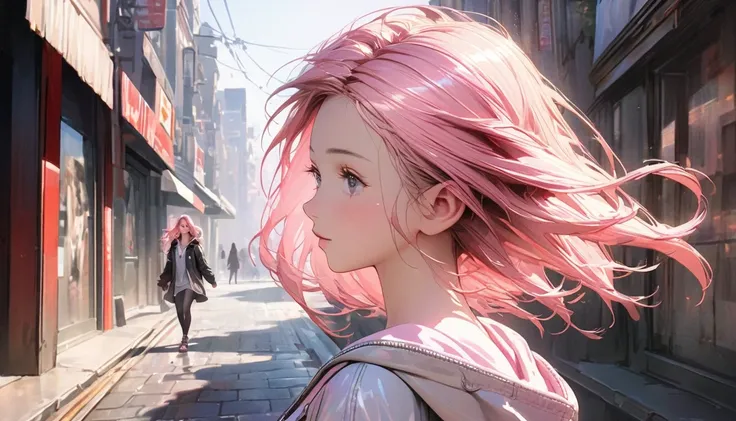 8k,17-year-old female， Extremely delicate and beautiful, beautiful and realistic skin ,  long, shiny pink hair, symmetrical , Hoodie,  Side view of a girl walking briskly alone on the sidewalk ,Side view of a girl 