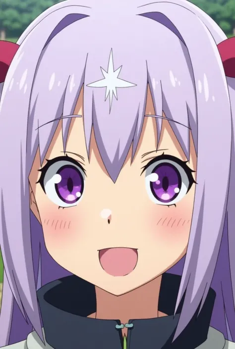  Screenshot of Naruto . 
Girl with light purple hair ,  and purple eyes with white pupils ,  one shaped like a ray and the other shaped like a star ,  with a white moon-shaped mark on her forehead and has a cheerful expression. 