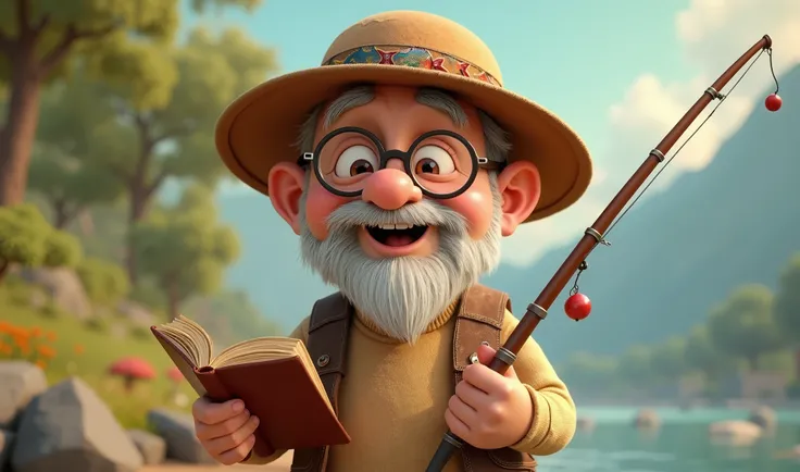 Create a cute old fishing professor movie character in Pixar style.  The character must have a joyful expression ,  fishing rod in one hand and book in the other .  He wears a brown fishing hat with ornamental fish , beige sweater and brown vest . round gl...