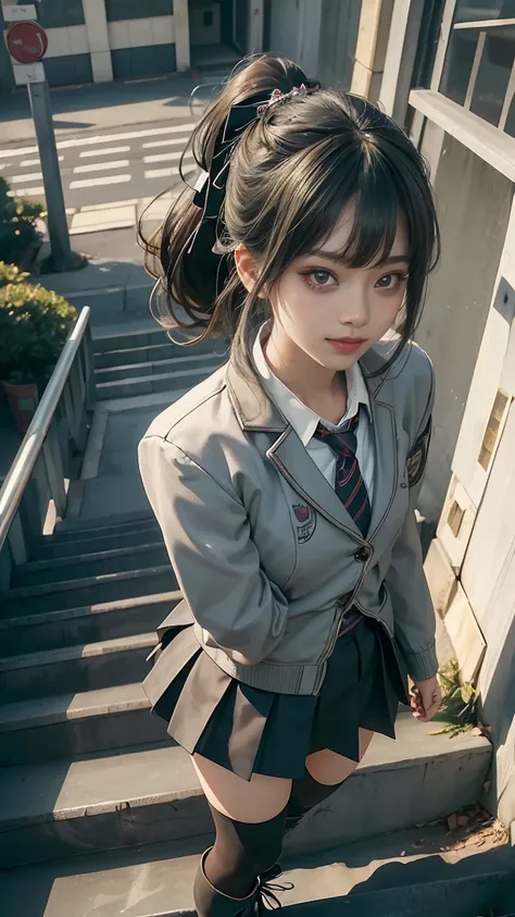 1 girl,anime,japan cute girl,(masterpiece:1.4), , (best quality:1.4), (super detail:1.4), (sharp focus), (complex), (HDR), , looking at viewer, precious  (ponytail,hair ribbon,schooluniform,jacket,longsleeve jacket,shirt,tie,skirt,schoolbag,hair ornament, ...