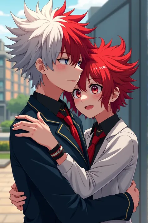 Style based on my hero Academia ,  a twin sister girl of Shoto Todoroki  ,  she has two-colored hair one look red and the other half white ,  she wears the UA uniform and embraces a boy with black hair with a red tuft and red eyes