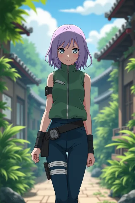 A Konoha , female,  ninja with light purple hair, long and gray eyes , a cheerful girl 