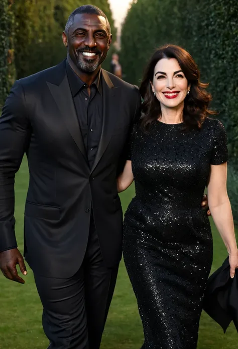 A full shot of Nigella Lawson and Black English actor Idris Elba enjoying an evening stroll. Both are smiling. Both are attired attractively for a night on the town. Nigella wears a sparkly black dress. Nigella has lovely makeup on her face. Nigella wears ...