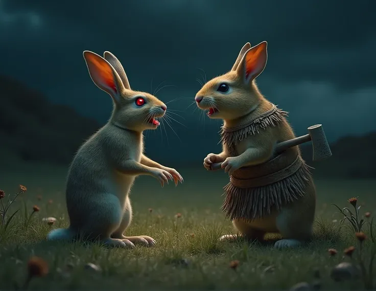 in a field, at night, a wild rabbit, standing on two legs, red eyes, with fangs, with claws, in front of a guinea pig, angry, standing on two legs, dressed as an Inca, holding a handmade ax
