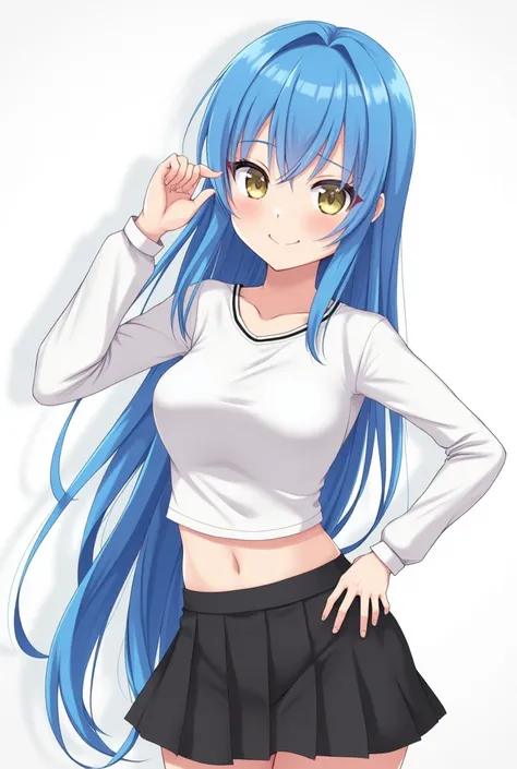 (Masterpiece, best quality)
Rimuru tempest, cheerleader, large breast, white shirt, black skirt, teenage, long hair, blue hair, solo, hair between eyes, long sleeves, yellow eyes, 1girl, tracing, absurdres, crop top