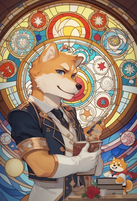   。Close up of a picture of a dog on a table, Shiba Kōkan , Planets with tendencies, Art Deco,  stained glass art , Shiba Inu portrait, anthropomorphic Shiba Inu,  Stained Glass Style , Shiba Inu, Shiba Inu dog, Shiba Inuの置物, Masterpiece stained glass