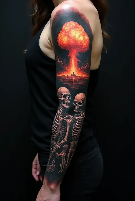 Blackout tattoo with nuclear explosion and skulls 
On the left arm 