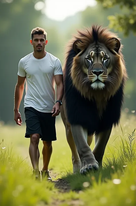 A man in a white T-shirt ,  black shorts walks side by side with a black and white fluffy lion in a meadow