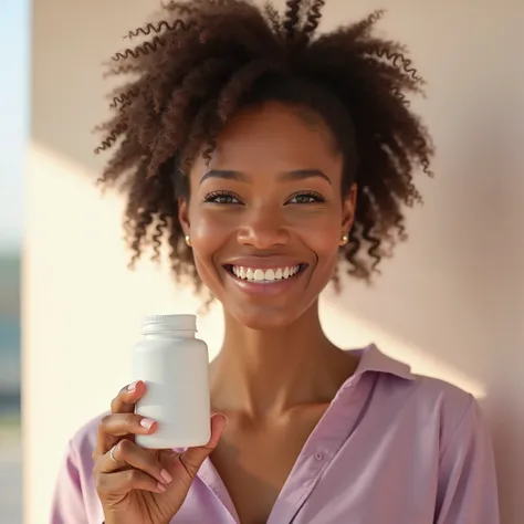 A hyper-realistic and elegant image of a diverse woman aged 50+ (representing multicultural France, with options like light, medium, and dark skin tones). She holds a clean, white dietary supplement bottle (unlabeled, approximately 10 cm in height and 5 cm...