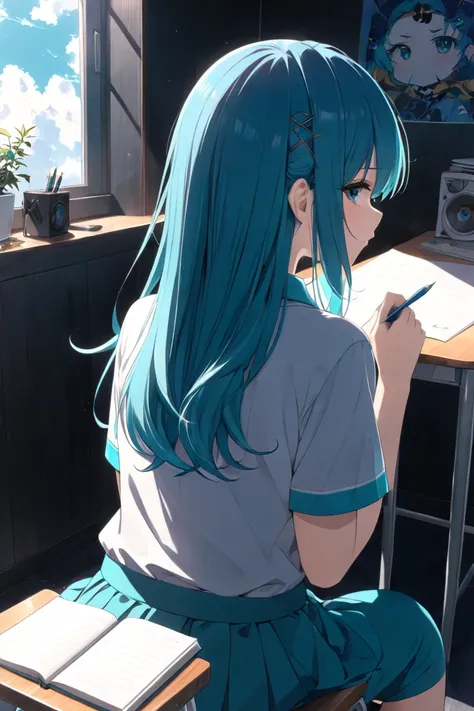 back view of an anime girl with blue hair sitting on a chair and writing , nightcore, anime style 4 k, anime vibes, anime girl with teal hair, an anime girl, young anime girl, high quality anime artstyle, anime moe artstyle, anime aesthetic, seductive anim...