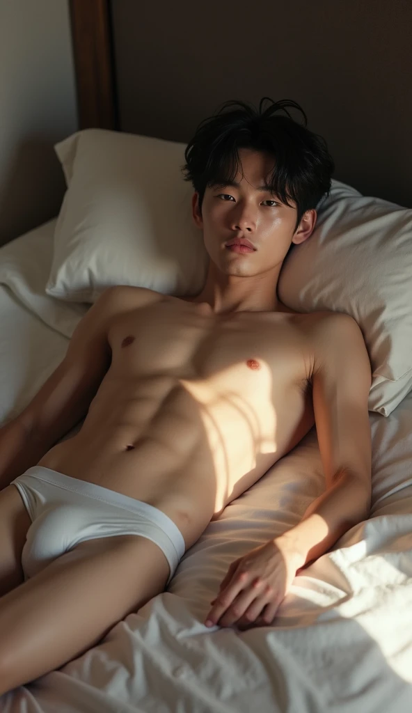 18yo. Hot eastasia boy in sexy underwear laying in bed, White skin,มองที่ผู้ชม, Lie Lie down with your legs spread open., Thin and small ,หูสัตว์, Groove, lick, Take off underwear, Stomach ache