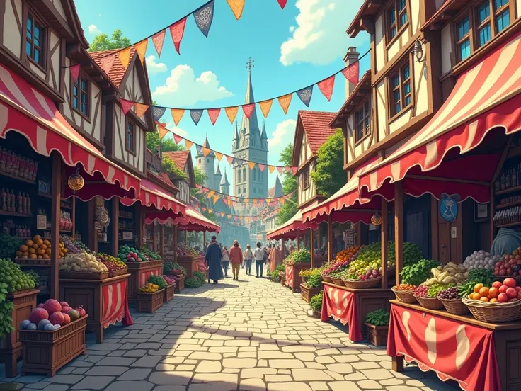 Medieval fantasy market seen from below cartoon style without characters
