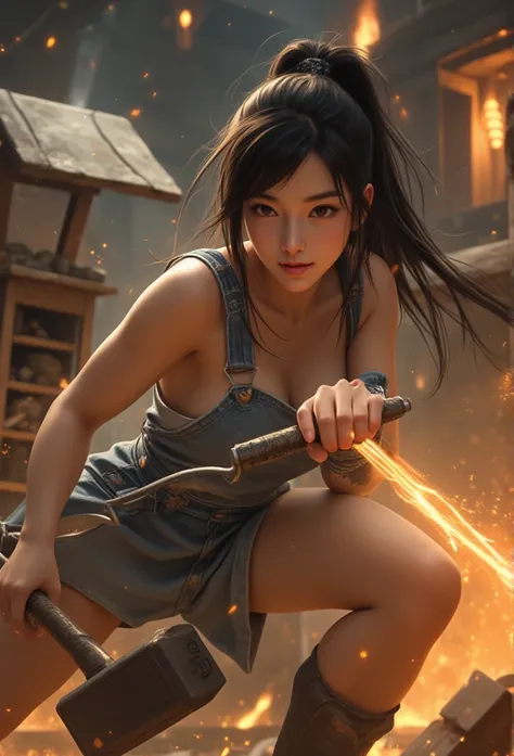 A beautiful Asian girl with long, straight black hair tied back in a practical ponytail, wearing a bit of overall jeans, not wearing panties, she was pictured in a rural steelworks filled with sparkles and warm glow from the ironworks. She held a heavy ham...