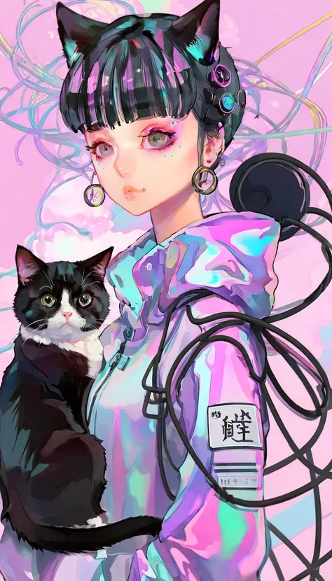 anime girl with black hair and a cat hat, anime style illustration, moe artstyle, wallpaper 8 k, digital illustration, beautiful catgirl, she wears a hoodie with animal ears and technowear technology, futuristic fashion in black and holographic colors, man...