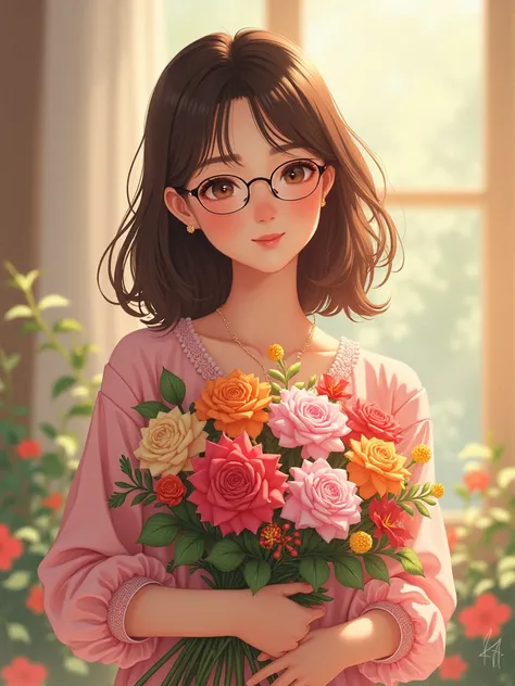 A GIRL WITH MEDIUM BROWN HAIR WEAR PINK BLOUSE WITH GLASSES. SHE HOLD A FLOWER BOUQUET.
