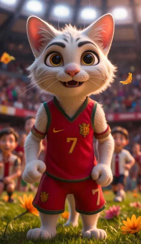 a humanoid cat looking sporty ,  Football player ,  in white color with black stripes on its body , tiene un peinado juvenil de color negro con mechones blancos parecido al del  Football player  Cristiano Ronaldo,  he is wearing a red sleeveless jersey and...