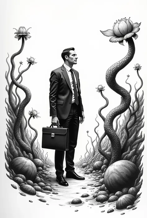 "Create a black-and-white pen-and-ink illustration with bold, dark lines. Depict a man in a formal suit, holding a briefcase, leaning against a surreal, twisted terrain. The terrain features abstract, plant-like shapes with thick, defined lines and minimal...