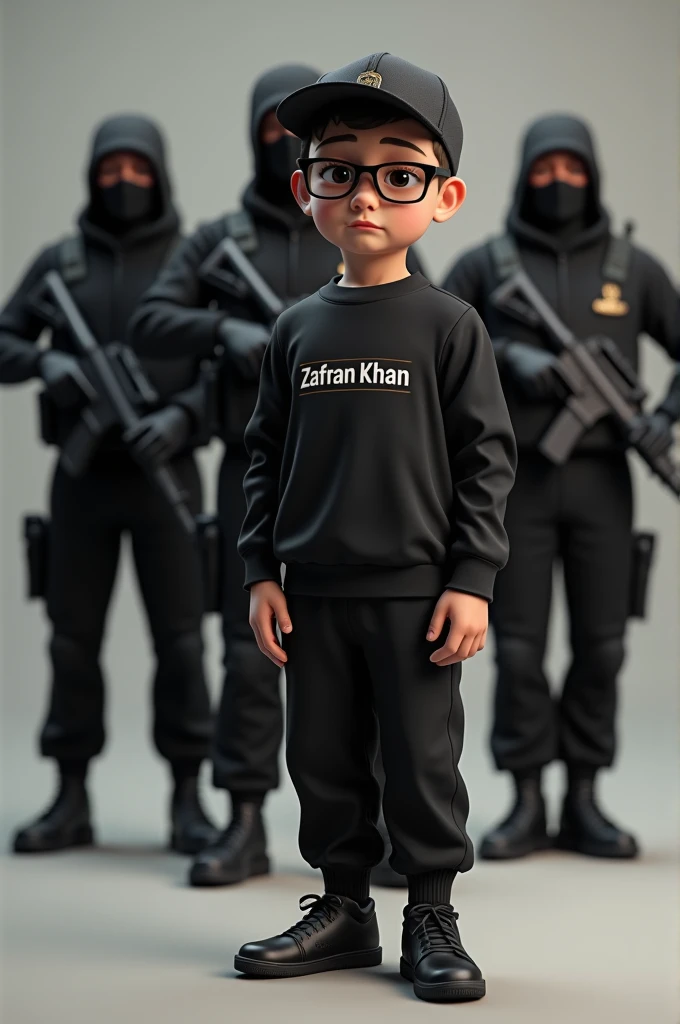 Create a 3d photo of boy name Zafran Khan.
The name should write on black shirt and boy should wear black track sout and also wear glasses and cap and also wear black sport shoes.
Behind boy there should four body guards with gun