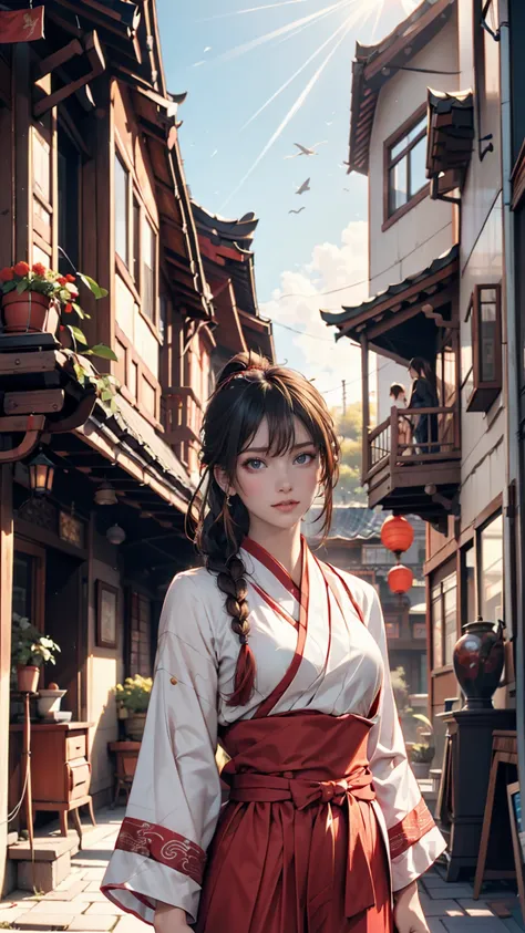 (( 1 girl)),(( Building )), Braided Bang ,braided ponytail,(Alone:1.2), Black Hair, , viewers who stop at the edge, sunlight,Hanfu, Cheng Qiang, 