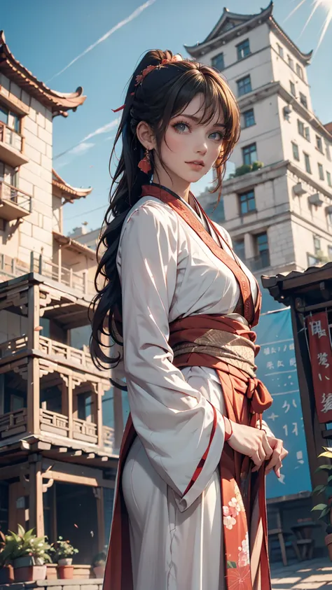 (( 1 girl)),(( Building )), Braided Bang ,braided ponytail,(Alone:1.2), Black Hair, , viewers who stop at the edge, sunlight,Hanfu, Cheng Qiang, 