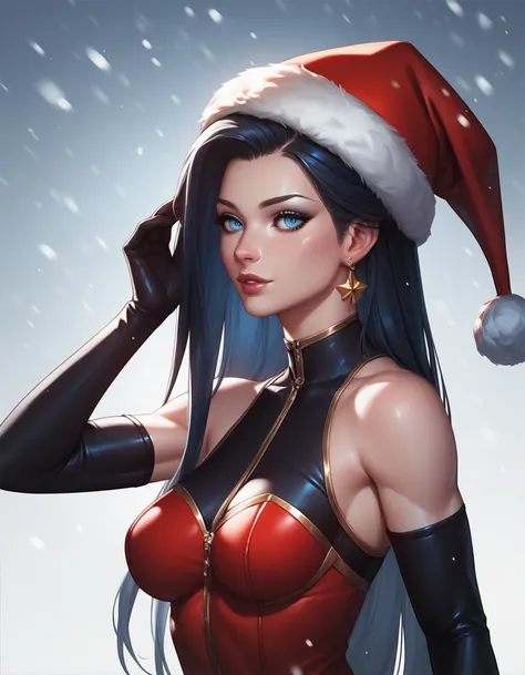 female sleeveless catsuit, bare shoulders, racerback, long gloves, toned arms, beautiful faces, black ponytail with showing forehead, long ponytail, earrings, soft smooth skin, pale skin, winter city background, blue eyes, sci-fi, high contrast, christmas,...