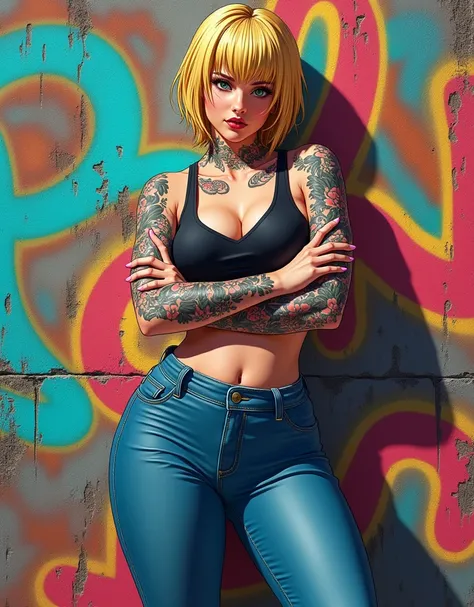 A heterosexual blonde girl with pixie short hair and big breasts and tattoos on arms, neck and chest belly. very feminine, full figure, wide hips with her arms crossed standing, sports bra, blue jeans ankle boots,  Anime style
graffiti wall