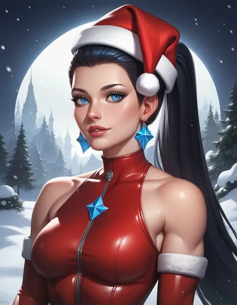 female sleeveless catsuit, bare shoulders, racerback, long gloves, toned arms, beautiful faces, black ponytail with showing forehead, long ponytail, earrings, soft smooth skin, pale skin, winter city background, blue eyes, sci-fi, high contrast, christmas,...