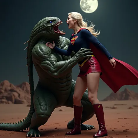 Melissa Benoist as Supergirl, Melissa Benoist is wearing a Supergirl costume as seen on TV, very bright white skin, Supergirl is defeated by a huge body fierce Alien Monster, It is standing in front of her, the Alien Monster seize her body tightly, it is h...