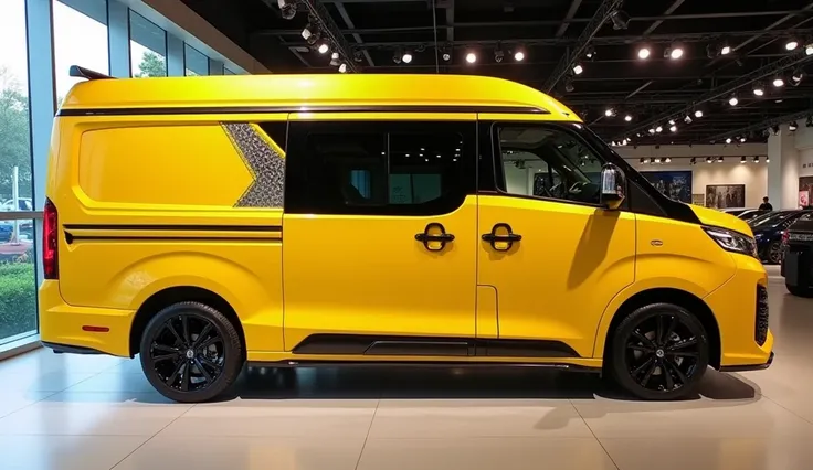 New 2025 Toyota Camper motor home modified design like Porsche side tile design Porches shiny Yellow Colour in luxurious showroom 