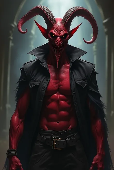 Tiefling red skin, 25 years old, 186 cm, an plague doctor mask