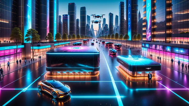 A Masterpiece In 32K Resolution, Supreme Quality, Super Detail, Official Art, Very High-Resolution 32K Wallpaper, Beautiful And Aesthetic, Ultra-Detailed Features, Awe-Inspiring Detail. A Busy Urban Scene With Hundreds Of Sleek, Glowing Drones Navigating T...