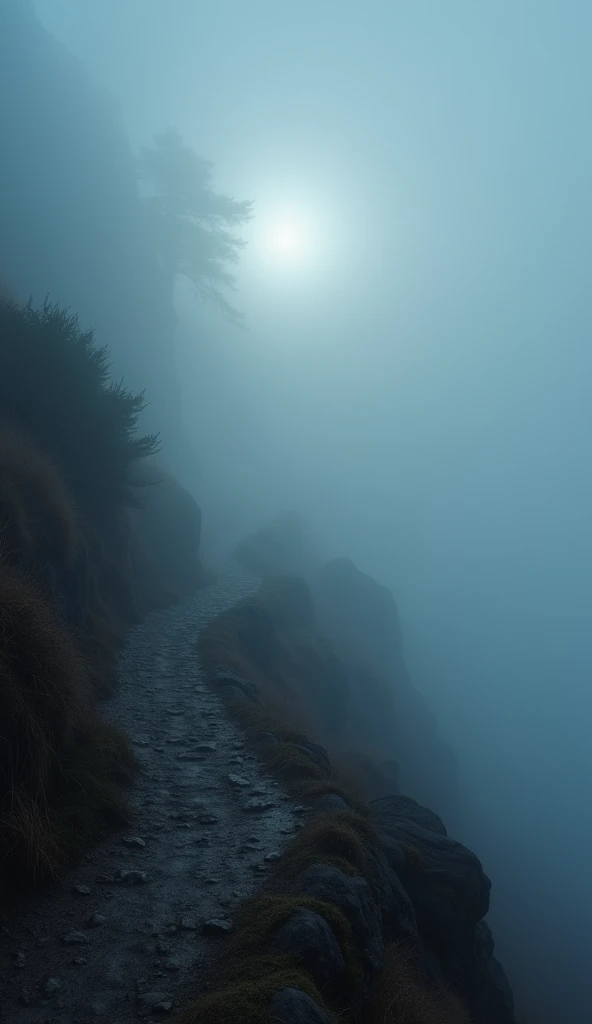 "An impenetrable fog on a steep mountain path, with faint traces of footprints disappearing into nothingness. The hikers are panicked, their flashlight beams cutting through the fog but revealing only an endless void. The fog appears alive, swirling unnatu...