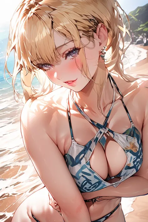 one girl,  high resolution, masterpiece,  anatomically correct ,  ultra high definition ,  smooth skin,  Very Detailed, blonde hair,  dark makeup , Bikini, sexy, beach, face detail, hand detail, body detail, hair detail 눈밑점,sexy woman, light pink lips, 더블 ...