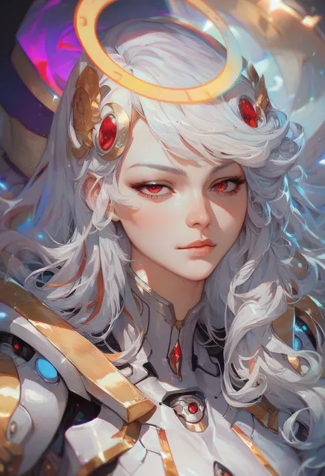 (masterpiece), best quality, expressive eyes, perfect face, 1girl, beautiful, goddess, long hair, silver hair, red eyes, golden streak of hair, white futuristic mech costume, neutral face, white hair ornament, purple halo above her head, anime style.