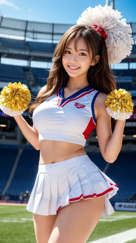 a beautiful cheerleader with long brown hair,japanese female,a cute face,and a big smile,wearing a sports uniform with a very short pleated mini skirt,holding large pompoms in both hands,posing in a stadium background,with highly detailed anatomy,realistic...