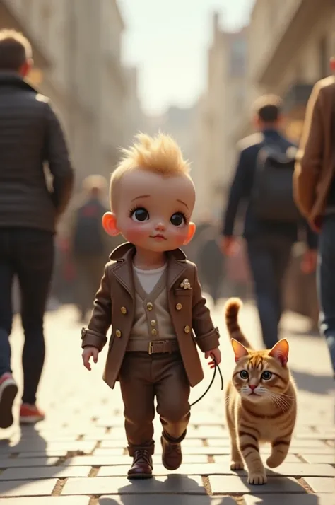 Baby stylish walking in public and cat