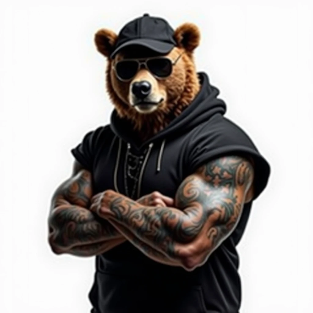 ✨ A male model bear ,  dressed in black with sunglasses ,  tattoos on his arms and baseball cap, with white background ✨
