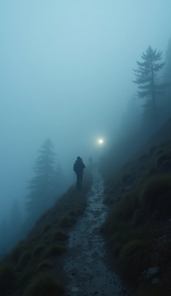 "An impenetrable fog on a steep mountain path, with faint traces of footprints disappearing into nothingness. The hikers are panicked, their flashlight beams cutting through the fog but revealing only an endless void. The fog appears alive, swirling unnatu...