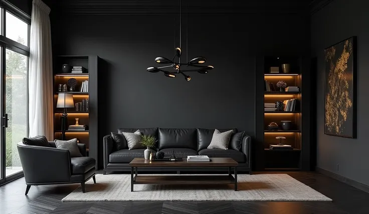 modern style 

Walls and background:  Use black for a main wall or for an entire wall to create a sense of depth.  Tile background or black parquet is also a bold choice .

Interior:  Choose furniture items such as sofas , table ,  and bookshelves in black...