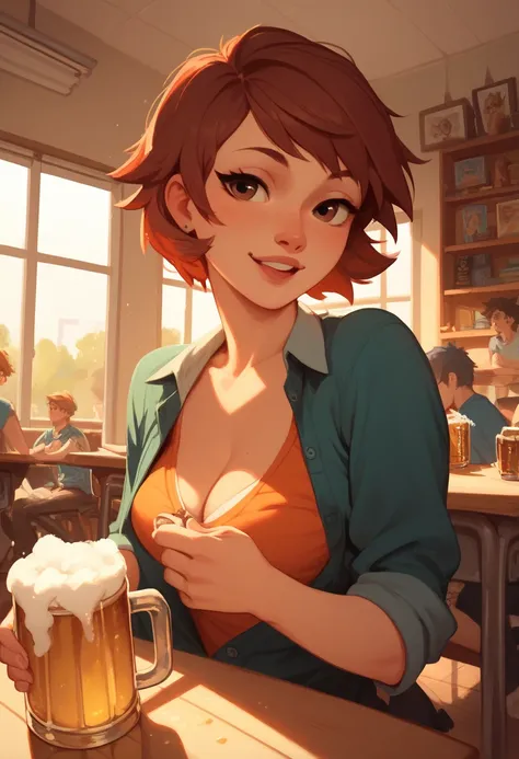 .  short hair, chestnut, student,  drinking beer, in a room