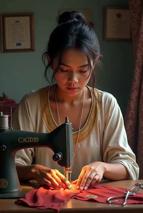 A Bangladeshi young lady fare complex skin is working as a tailor at home 