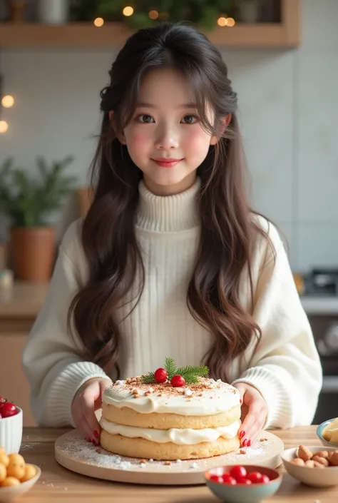         Asian Style、 Korean Style Idol 、 1 cute girl ,          my hair is long     、     my hem is wavy     、   My hair is parted in the middle     、 Im wearing a white high neck sweater  ,    Im making Christmas cake in my simple kitchen、 long hair, smil...