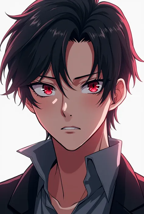 anime male red eye black hair side part korean 