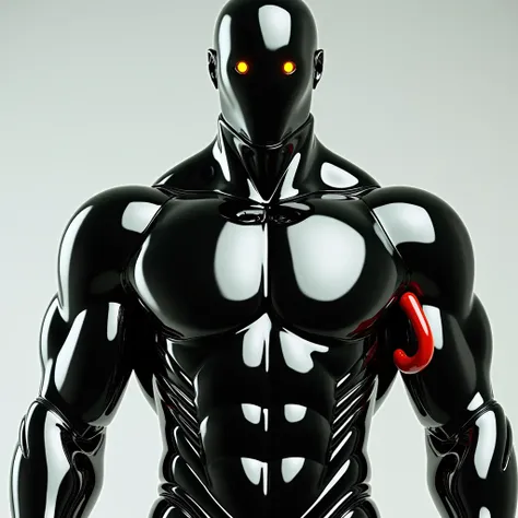 Retrofuturistic and cyberpunk style  , a man, Strong and sturdy construction    ,     full-body reflective black metal armor  ,    smooth black mask without facial features such as eyes , nose or mouth   ,    two small bright yellow dots where the eyes sho...