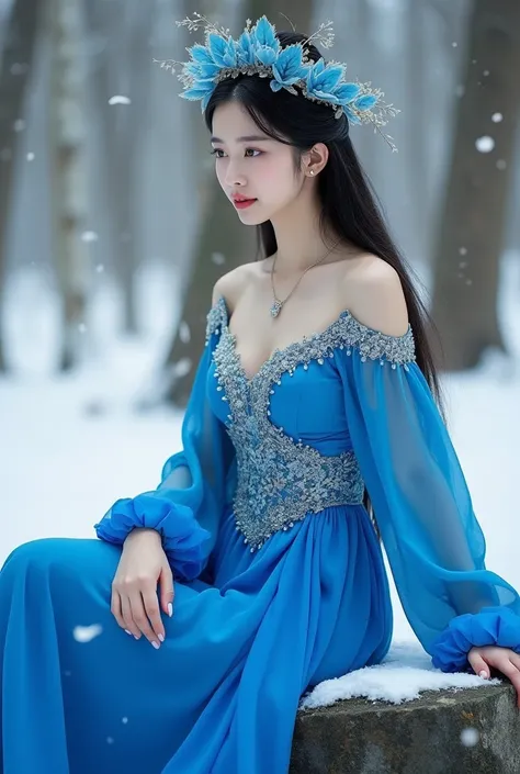 Stylish photography,Beautiful Korean Women,elegant long black hair,bright blue dress silver ornament elegant tight sexy loose shoulder high collar,wearing a crown of bright blue leaves,staring intently,sitting on black rock,sexy style,show beautiful legs,i...