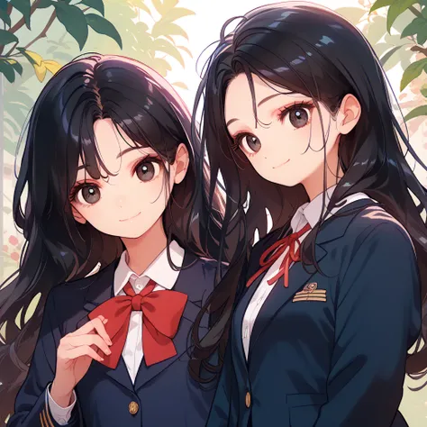   top quality, (15yo:1.0),  black hair, bright hair, long hair, school uniform, Unbreakable fingers,  top qualityの指, smile,  closed mouth, Dark Eyes,  blazer, Navy blue clothes,  Red Ribbons , ish, Round eyes,