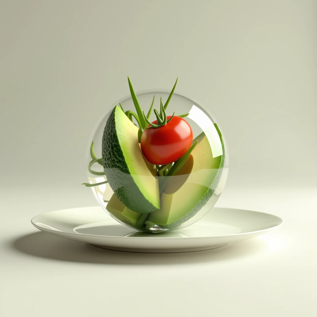 A sphere with avocado and tomato pieces on a plate