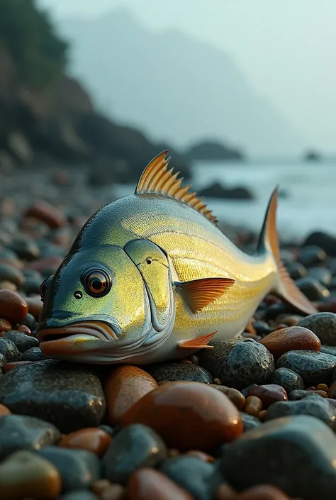 A photorealistic image of a smiling face a big and strong golden snapper lying on a rocky, green stone beach. The fish scales reflecting golden light in intricate patterns. Surrounding stones are sharp, varying in shades of red, green, and charcoal. The ba...