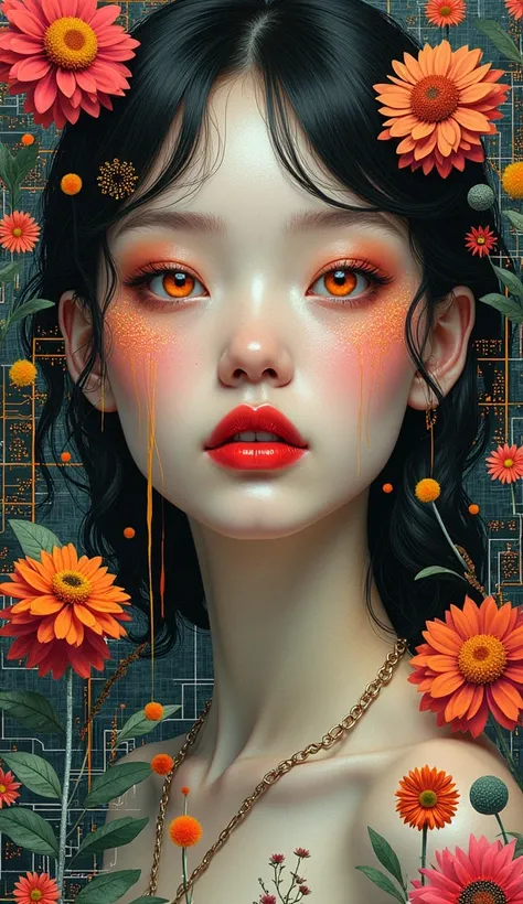 A surreal portrait of a woman with striking orange eyes, surrounded by a chaotic blend of digital patterns and vibrant flowers. The background features a mosaic of geometric shapes and circuits, contrasting with her smooth skin and glossy red lips. The com...